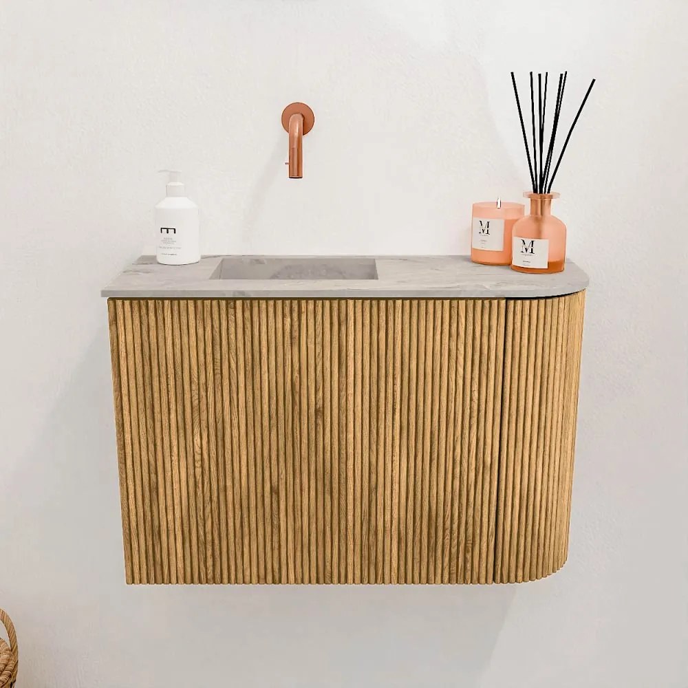 Mondiaz Joya DLux 60cm toiletmeubel ronding rechts oak met wastafel faye links zonder kraangat glace