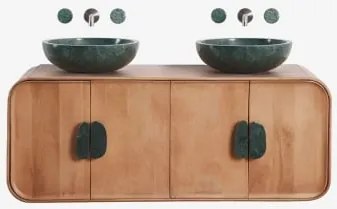 Dubbel Zwevend Badkamermeubelset 130x45 Cm Van Mangohout En Natuurlijke Kivalina-steen Udaipur Groen Marmer - Mangohout & 2 X Onde Groene Marmeren -