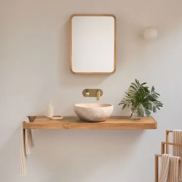 Conjunto Van Meubel 130x45 Cm Hangend In Teakhout Neill Teakhout & Onregelmatige In Beige Cement ↔︎40 Cm Fedro & Geborsteld Goud Inbouw Met Aftapkraan