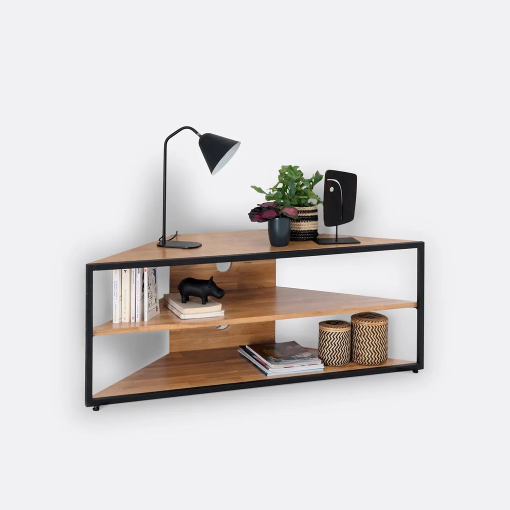 Hoek-tv-meubel van massief eiken en staal, HIBA