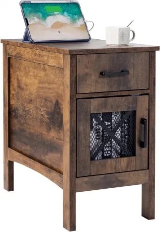 VEVOR Bijzettafel Nachtkastje met USB-poorten en -aansluitingen, 3-laags bijzettafel met opbergkast en 1 lade, voor woonkamer, slaapkamer, kantoor, bruin