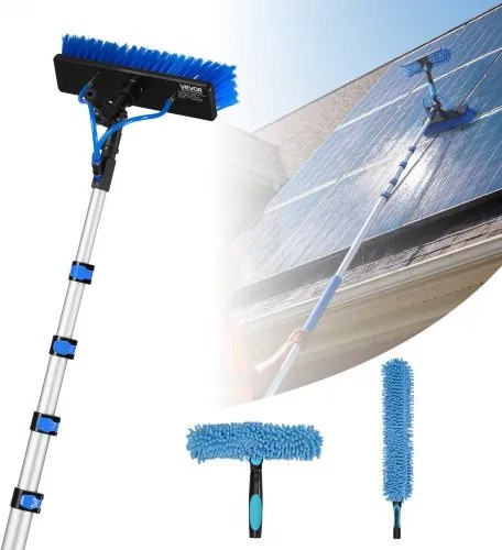 VEVOR Telescopische Wasborstel voor Zonnepanelen, Fotovoltaïsche Reiniger met 1,8-7,3 m Aluminium Telescoop, 20 m Wateraansluiting, 180° Borstel, Raamwisser & Zeepdispenser, Reinigingsset voor Zonnepanelen, Ramen en Terrasdaken