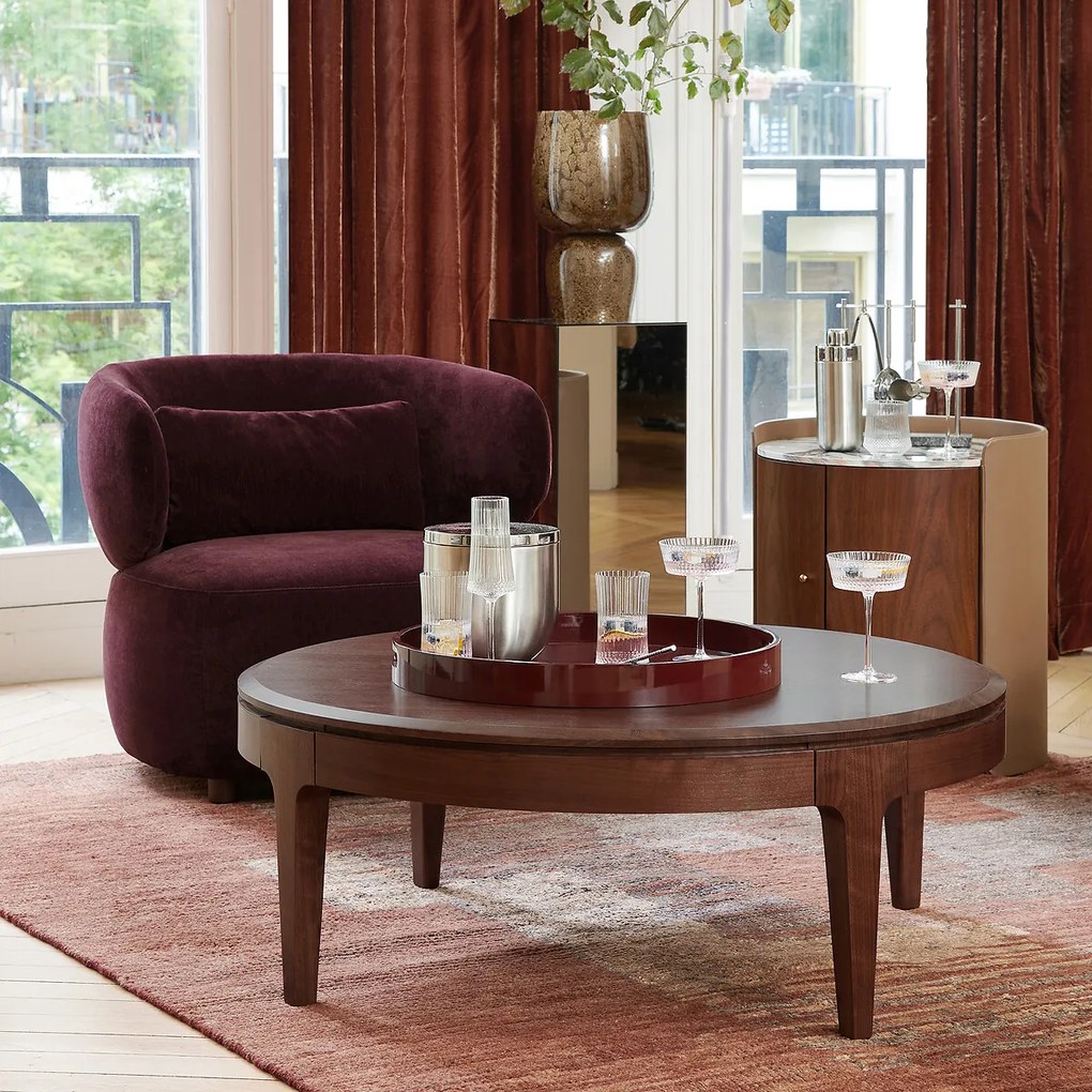 Ronde salontafel, massief notenhout en fineer, 2 lades, SANARA