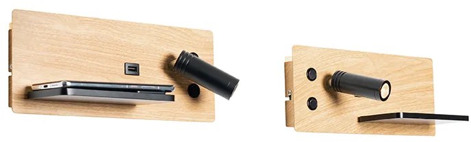 Set van 2 wandlamp zwart met hout incl. LED met USB en inductielader - Riza
