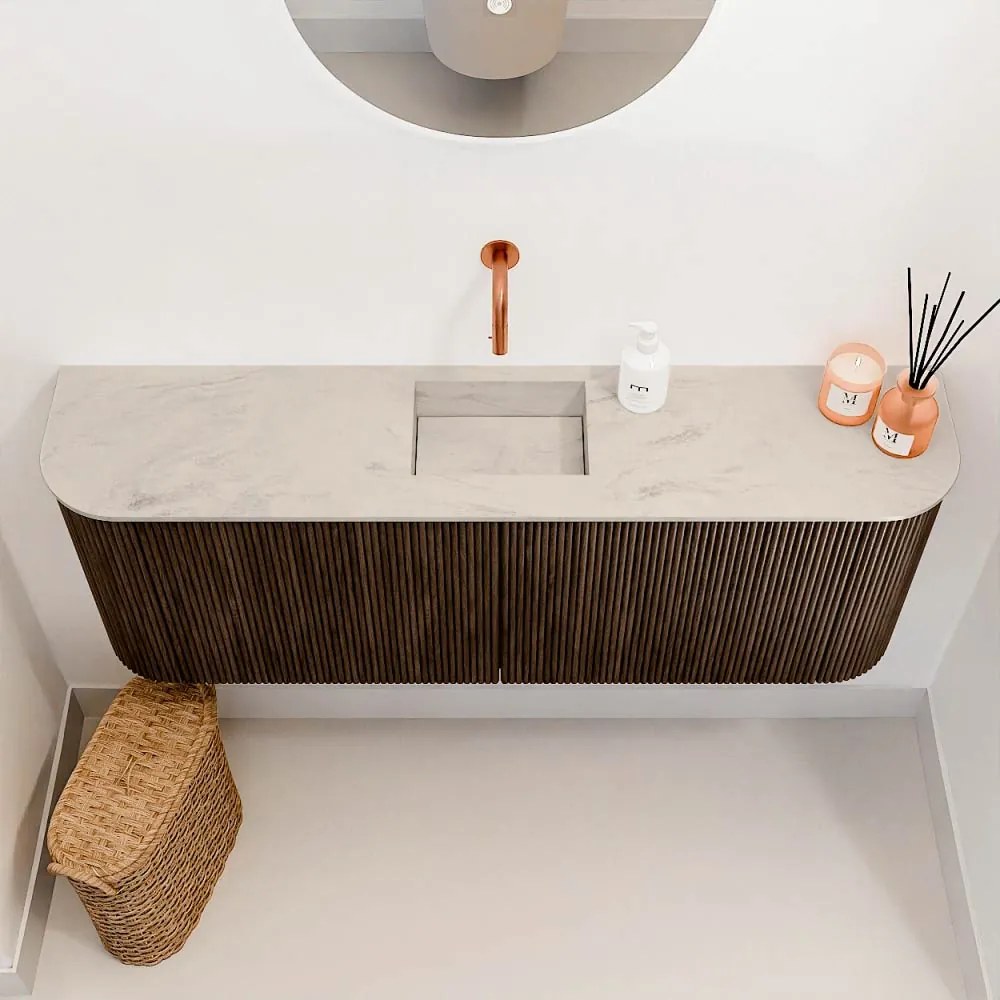 Mondiaz Joya DLux 115cm toiletmeubel ronding links/rechts walnut met wastafel faye midden zonder kraangat opalo