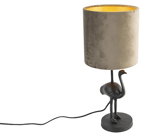 Vintage tafellamp zwart stoffen kap taupe 20 cm - Animal OstrichOosters E27 rond Binnenverlichting Lamp