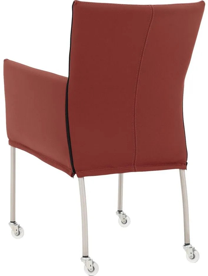 Goossens Eetkamerstoel Funk RVS Poten rood leer met armleuning en Transparant skater wiel met rvs kapmet wielen, modern design