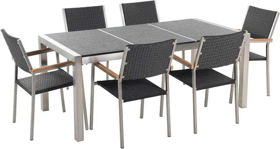 Tuinset gebrand graniet/RVS zwart driedelig tafelblad 180 x 90 cm met 6 stoelen zwart rotan GROSSETO
