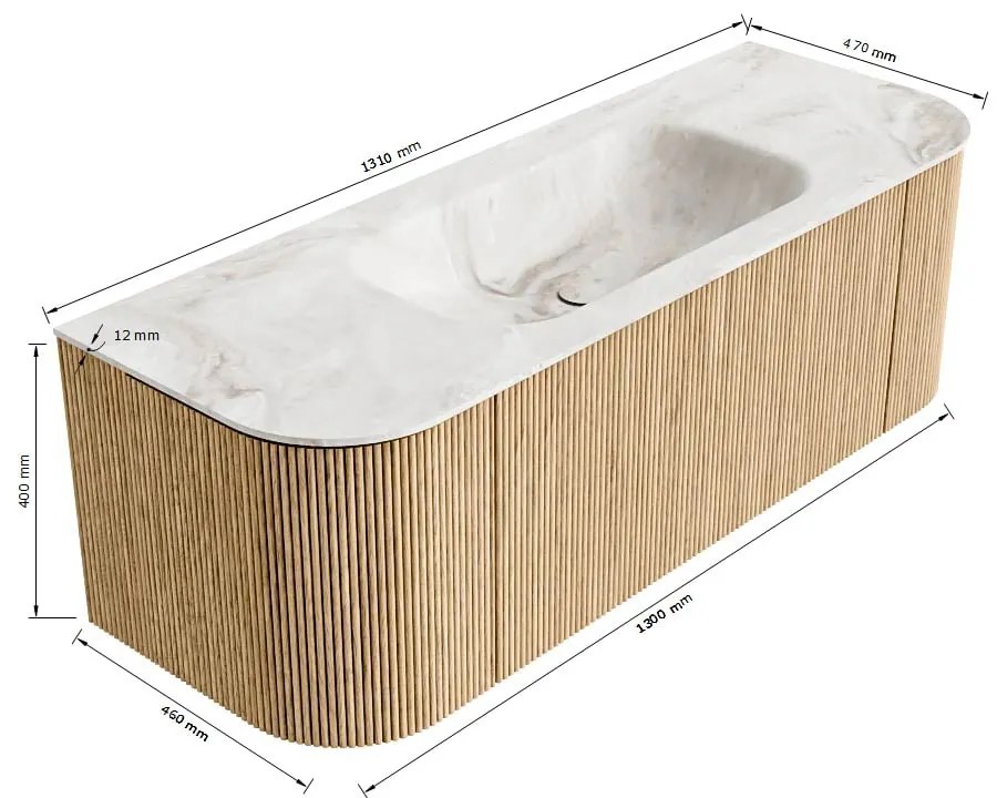 Mondiaz Kurve-dlux 130cm badmeubel ronding links/rechts walnut met 1 lade en 2 deuren en wastafel big small midden 1 kraangat glace