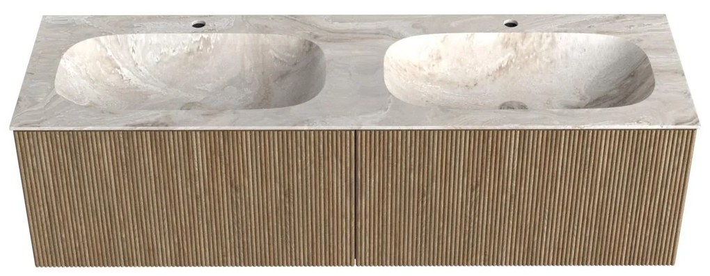 Mondiaz Kurve-dlux 150cm badmeubel dusk met 2 lades en wastafel stor small dubbel 2 kraangaten frappe