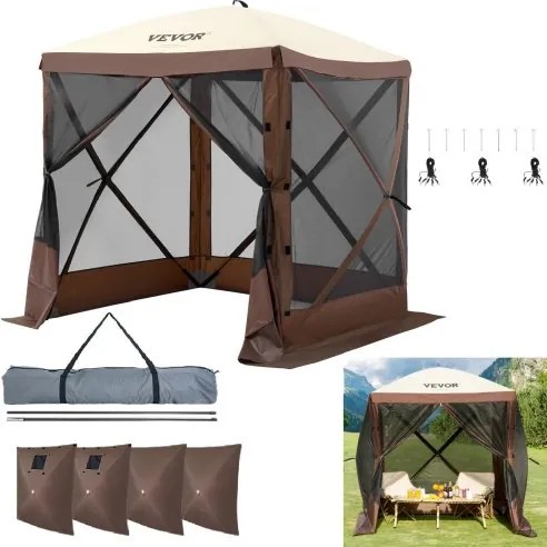 VEVOR Pop-up Paviljoentent, pop-up tent met luifel aan 4 zijden, zonbescherming met 4 verwijderbare privacyschermen en gaasramen, 1,83 x 1,83 m, snel op te zetten tent met muggennet, bruin