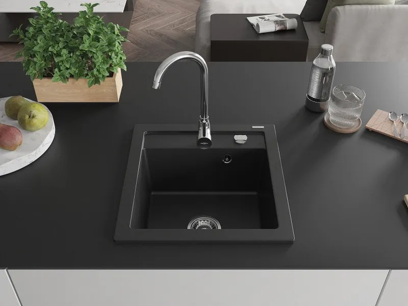 Mexen Vito granieten gootsteen 1-kamerig 520 x 490 mm, zwart, chromen sifon - 6503521000-77
