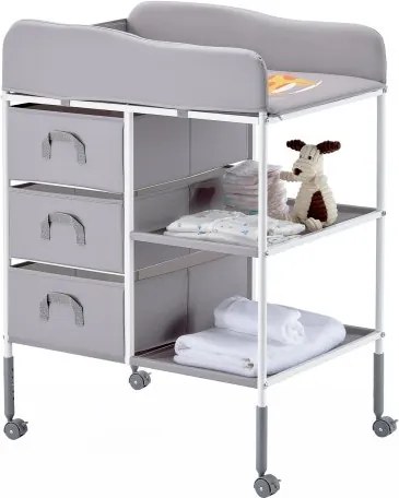 VEVOR Draagbare verschoontafel met 3 stoffen lades en vergrendelbare wielen, in hoogte verstelbare multifunctionele babyverschoontafel met opbergorganizer voor de kinderkamer, grijs