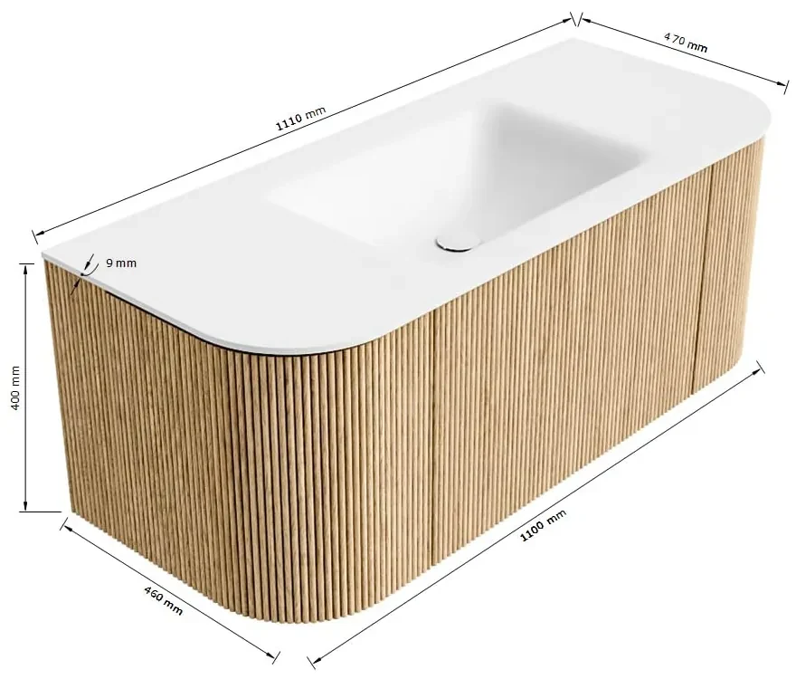 Mondiaz Kurve 110cm badmeubel ronding links/rechts oak met 1 lade en 2 deuren en wastafel cloud midden 1 kraangat urban