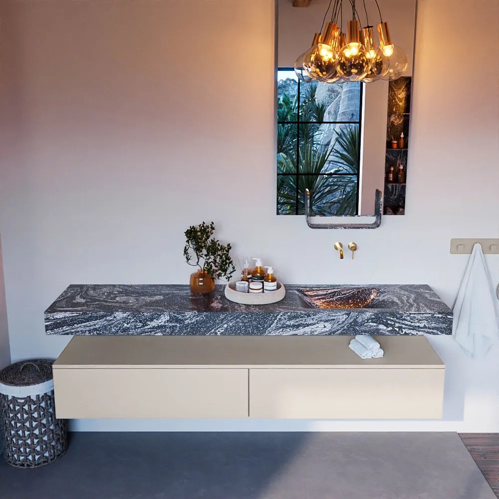 Mondiaz Alan DLux badmeubel 200cm linen 2 lades met wastafel lava rechts zonder kraangat