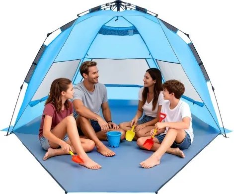 VEVOR Pop-Up Strandtent/Zonnescherm voor 4 personen, UPF 50+ bescherming, Draagbare strandtent met draagtas en grondankers, Lichtgewicht strandparasol voor kamperen, vissen, picknicken, zonnetent