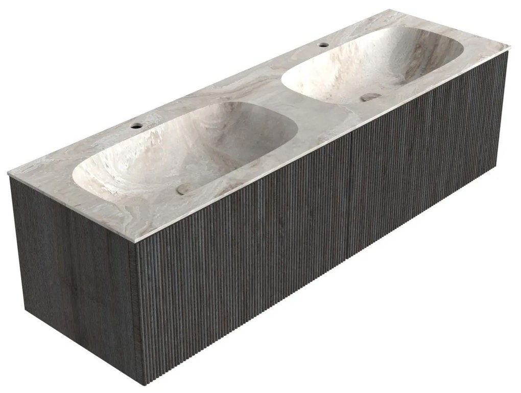 Mondiaz Kurve-dlux 150cm badmeubel shadow met 2 lades en wastafel stor small dubbel 2 kraangaten frappe
