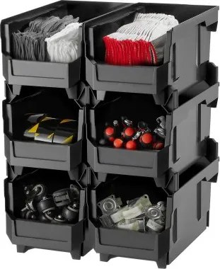 VEVOR stapeldozen, 377 x 215 x 180 mm (6-pack), opbergdozen, opbergdozen met open voorkant, voor het organiseren en opbergen van kleine onderdelen, kantoorbenodigdheden en andere accessoires, zwart
