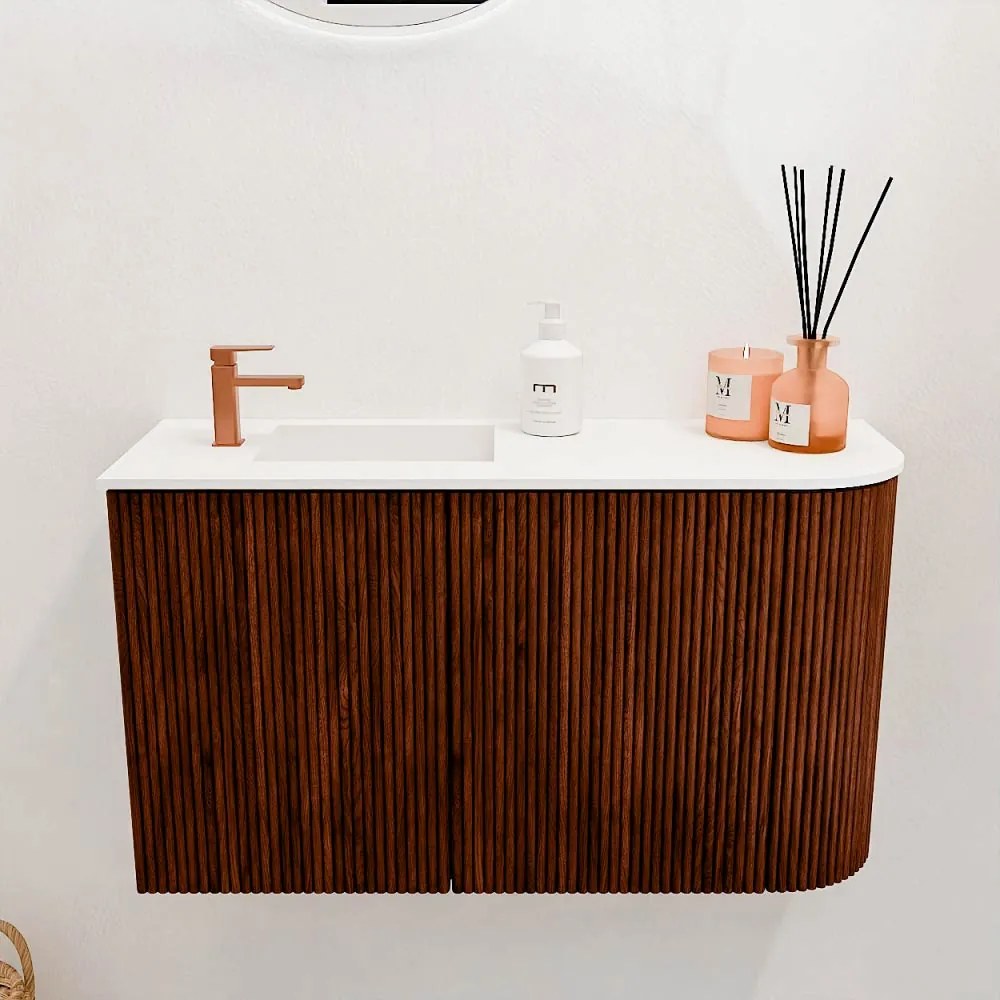 Mondiaz Joya 70cm toiletmeubel ronding rechts ruby met wastafel faye links 1 kraangat talc