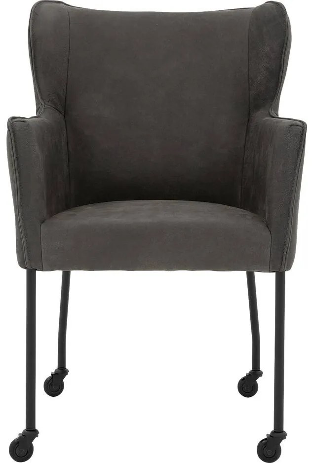 Goossens Excellent Eetkamerstoel Leogang zwart leer met armleuning en Zwart skater wiel met zwarte kapmet wielen, elegant chic