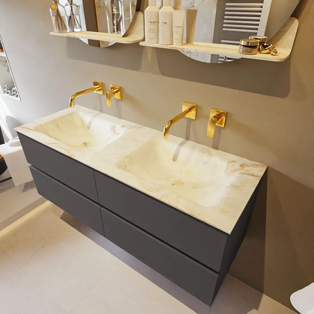 Mondiaz Vica DLux badmeubel 130cm dark grey 4 lades met wastafel frappe dubbel zonder kraangat