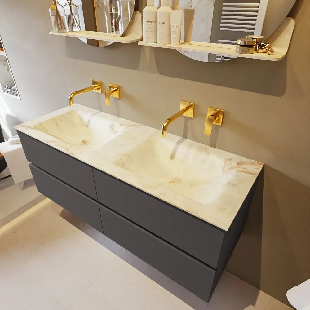 Mondiaz Vica DLux badmeubel 130cm dark grey 4 lades met wastafel frappe dubbel zonder kraangat