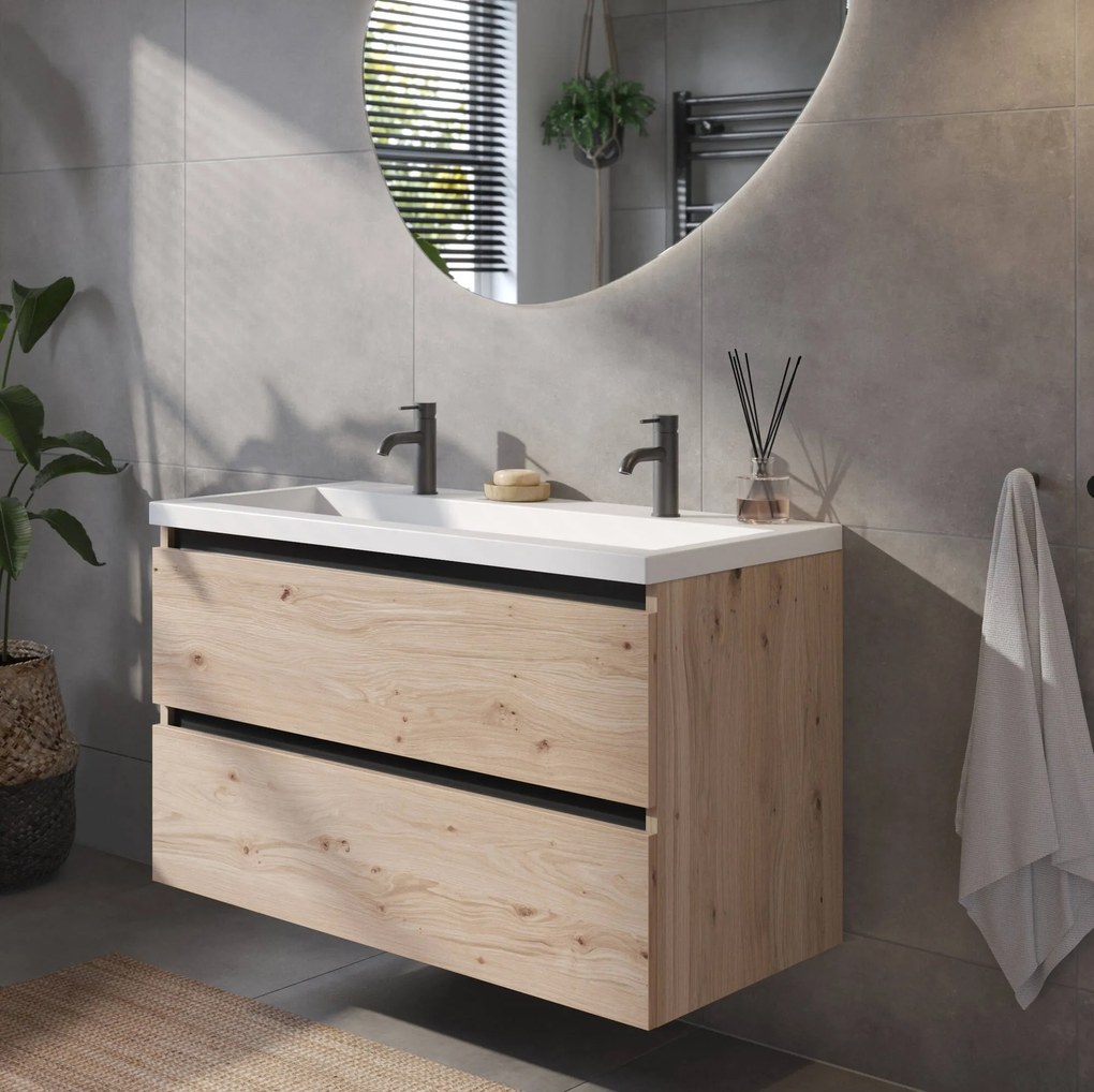 Saqu Gaia badmeubel incl. mat witte wastafel 100x52x64cm naturel eiken – zwarte greeplijst