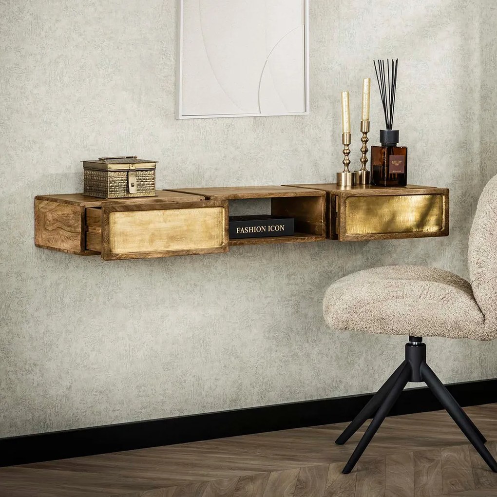 Zwevende Sidetable Mangohout En Goud - 123 X 30cm.