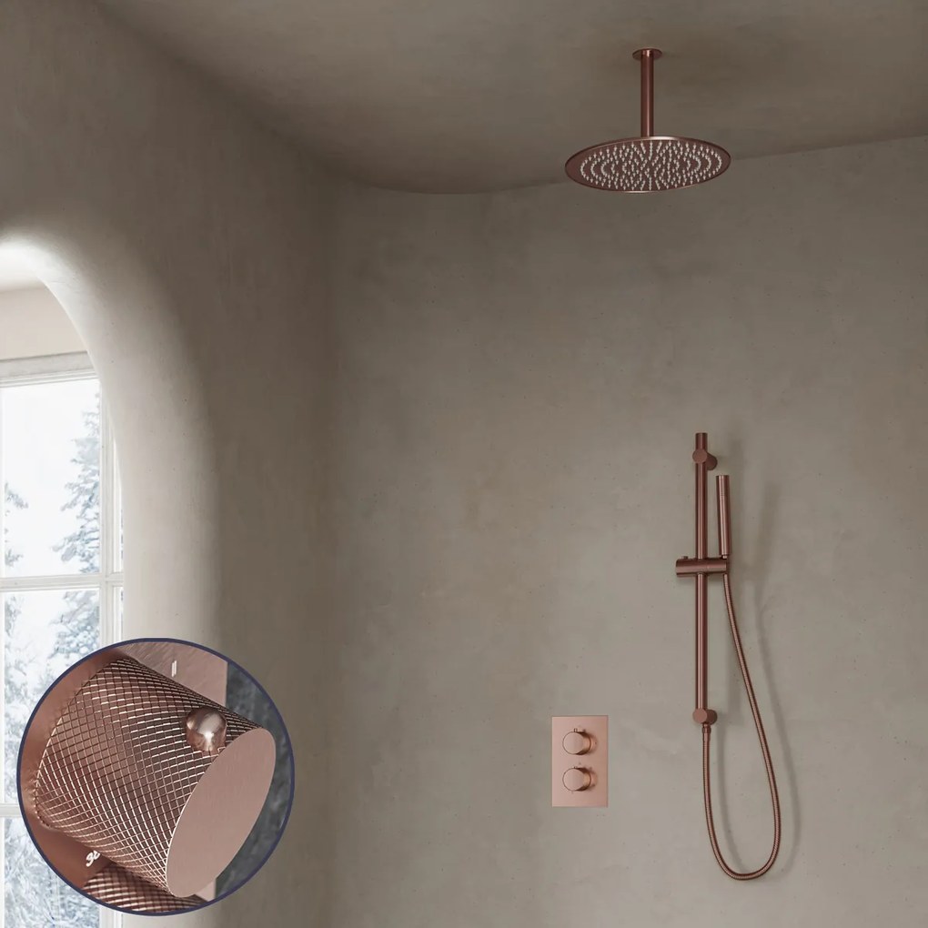 Saniclear Copper Curved inbouw regendouche met 20cm hoofddouche, plafondarm en glijstang geborsteld koper