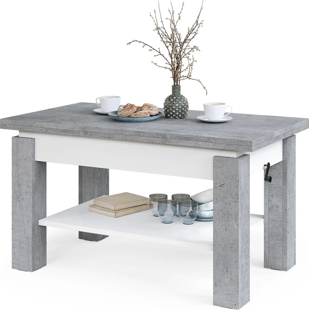 BRAVO beton / wit – uitschuifbare en in hoogte verstelbare salontafel, tafel met plank