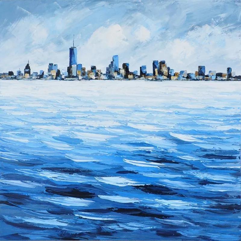 Schilderij -Handgeschilderd - Skyline - blauw wit - 100x100cm