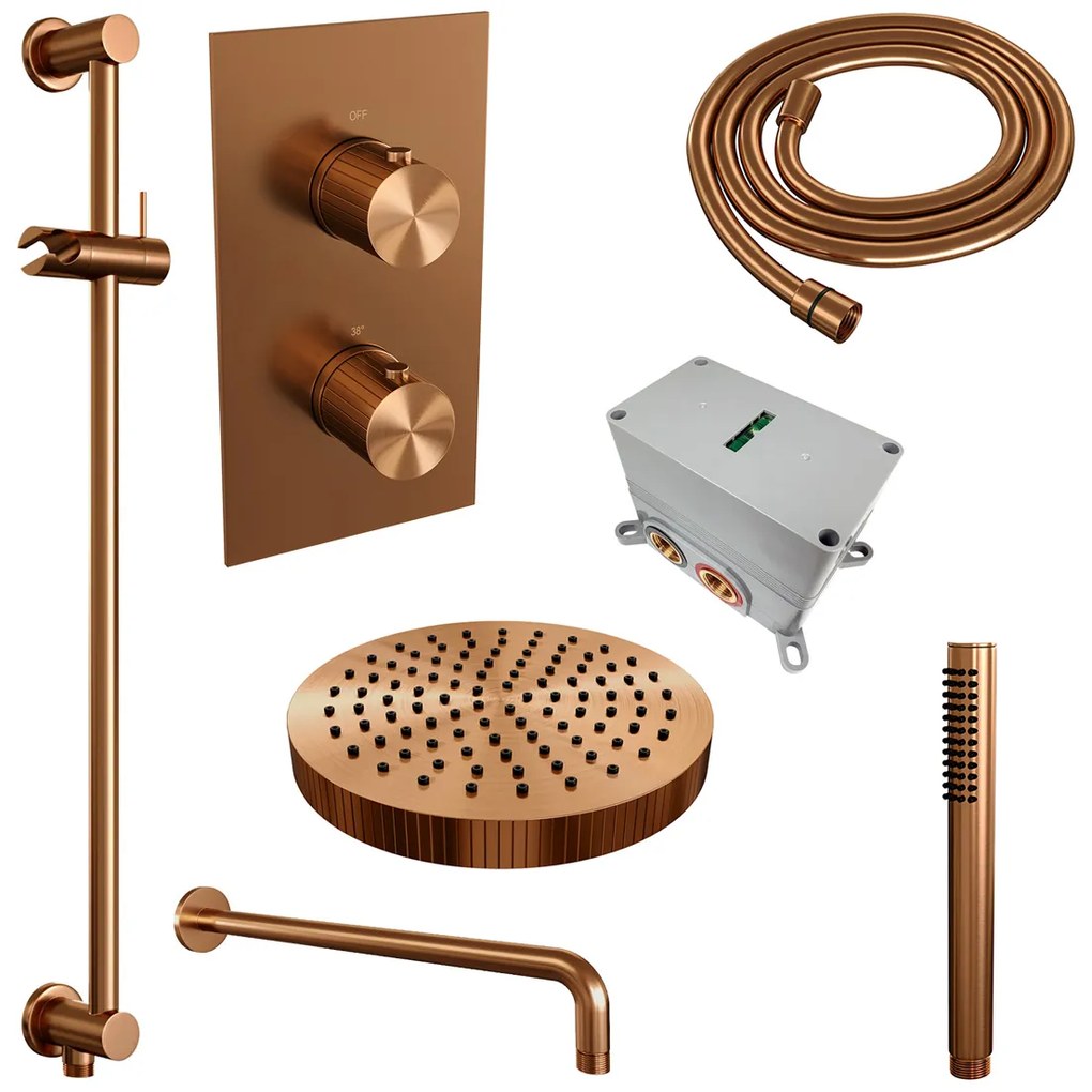 Brauer Stripe inbouw regendouche met 25cm hoofddouche, met gebogen muurarm, glijstang en staafhanddouche set 20 koper geborsteld PVD