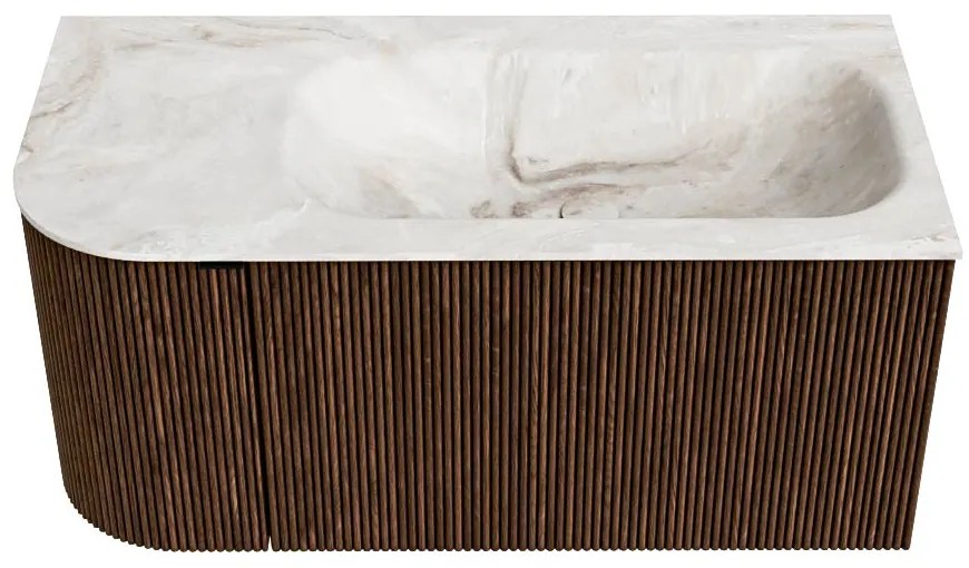 Mondiaz Kurve-dlux 95cm badmeubel ronding links walnut met 1 lade en deur en wastafel big small rechts zonder kraangat frappe