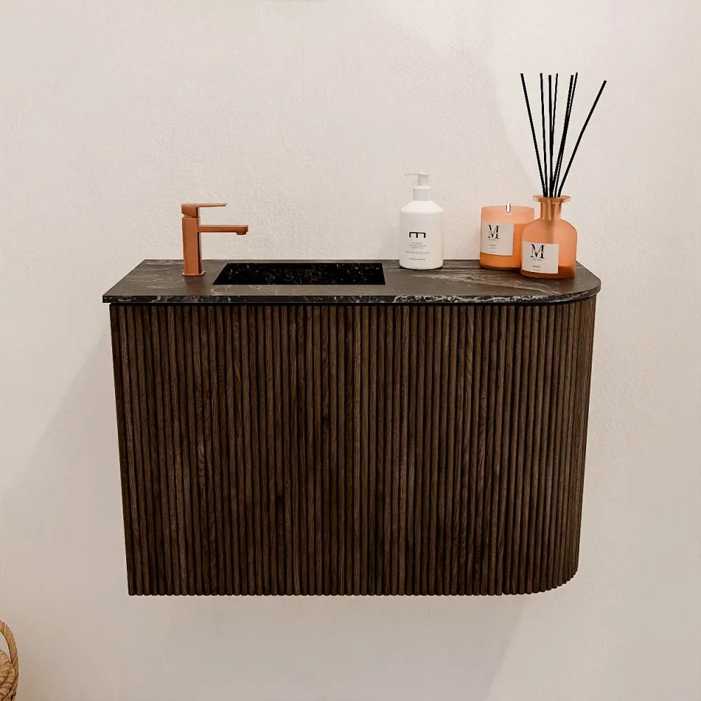 Mondiaz Joya DLux 60cm toiletmeubel ronding rechts walnut met wastafel faye links 1 kraangat lava