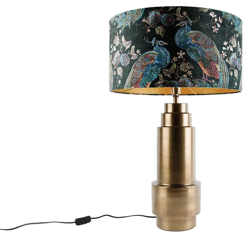 Tafellamp brons velours kap pauw groen met goud 50 cm - Bruut Art Deco E27 rond Binnenverlichting Lamp