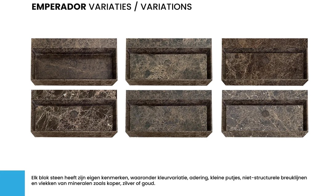 Saniclear Dark Emperador marmeren wastafel 80x46cm met kraangat