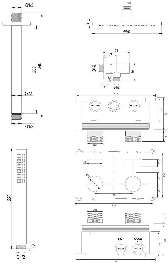 Brauer Chrome Carving thermostatische inbouw regendouche met staafhanddouche, plafondarm en hoofddouche 20cm set 53 chroom