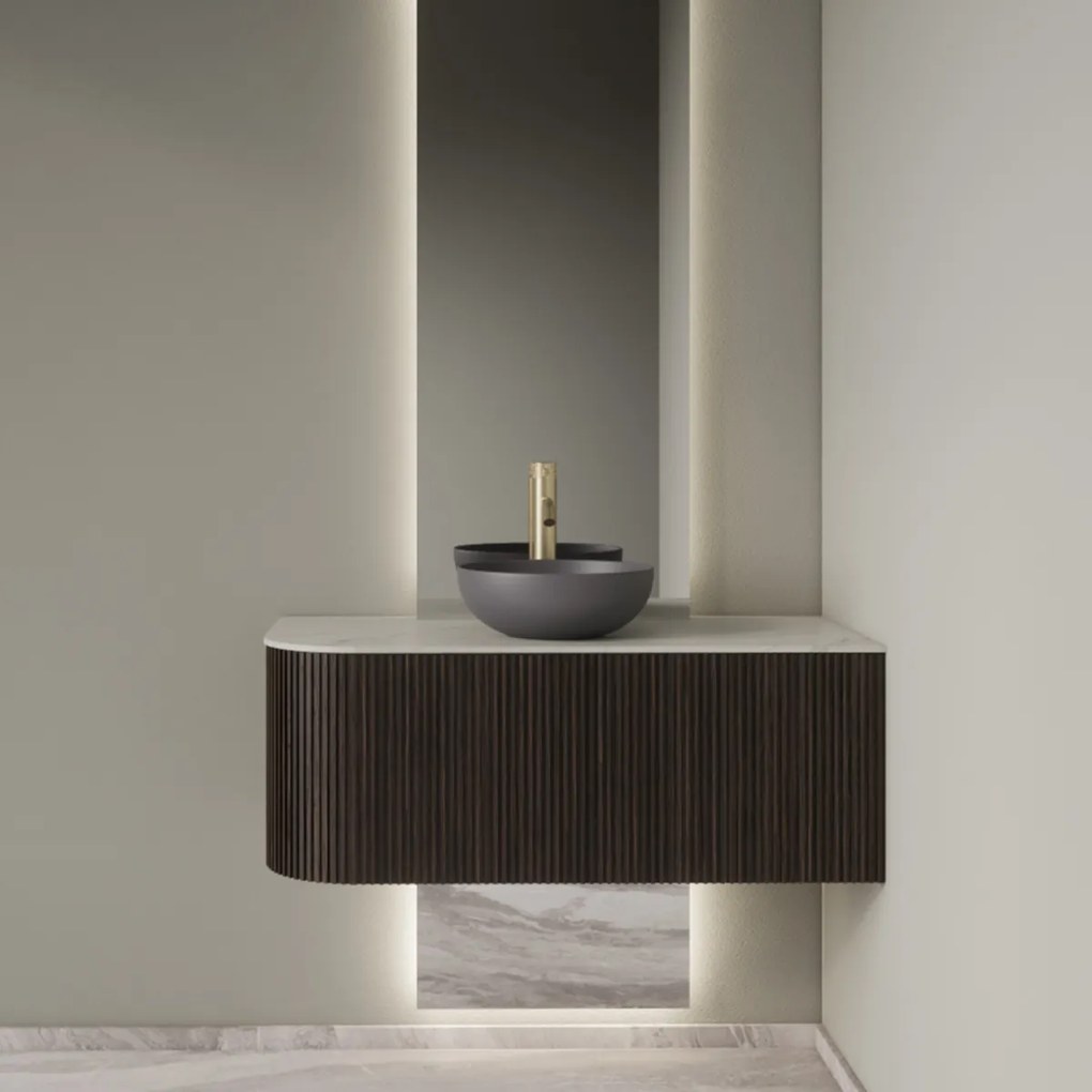 Gliss Design Alluro badmeubel ribbelfront met ronding links 100cm ebony en wit marmer toppaneel