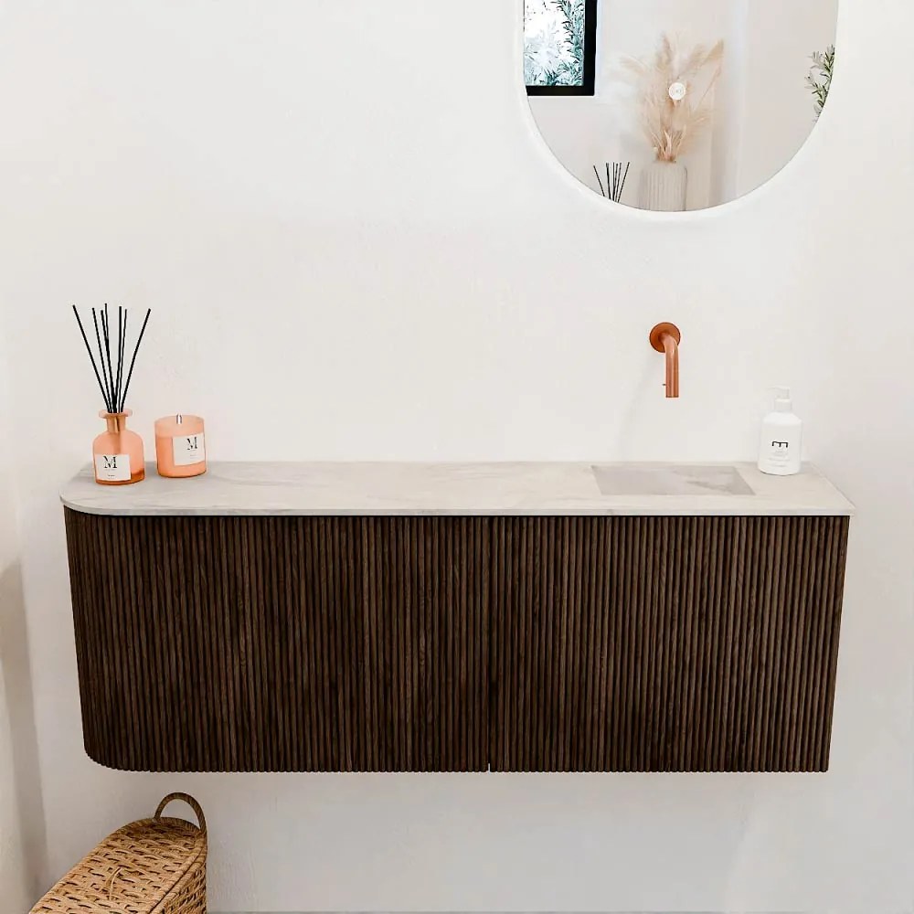Mondiaz Joya DLux 110cm toiletmeubel ronding links walnut met wastafel faye rechts zonder kraangat ostra