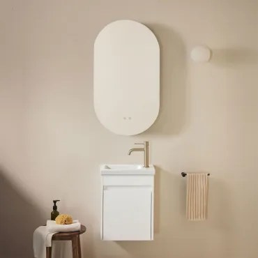 Badkamermeubelset In Hout Met Geïntegreerde Wastafel Narek Wit & Ovaal Met Opbergruimte Zwart 50x90 Cm Oricsa & Goud ↑20 Cm - Sklum