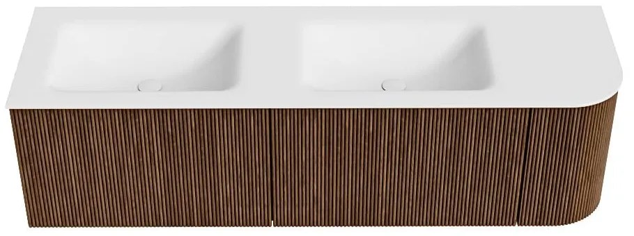 Mondiaz Kurve 155cm badmeubel ronding rechts walnut met 2 lades en 1 deur en wastafel cloud dubbel/links zonder kraangat