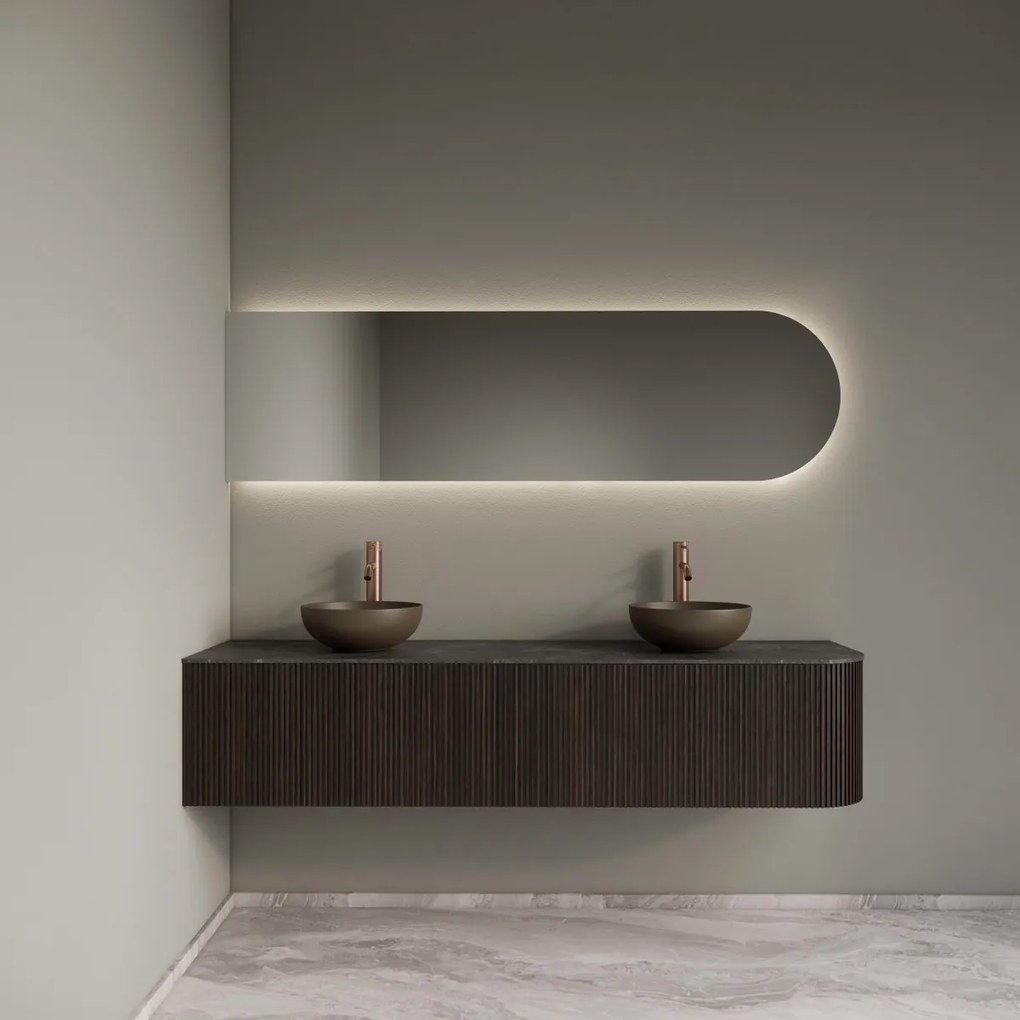 Gliss Design Alluro badmeubel ribbelfront met ronding rechts 180cm ebony en zwart leisteen toppaneel