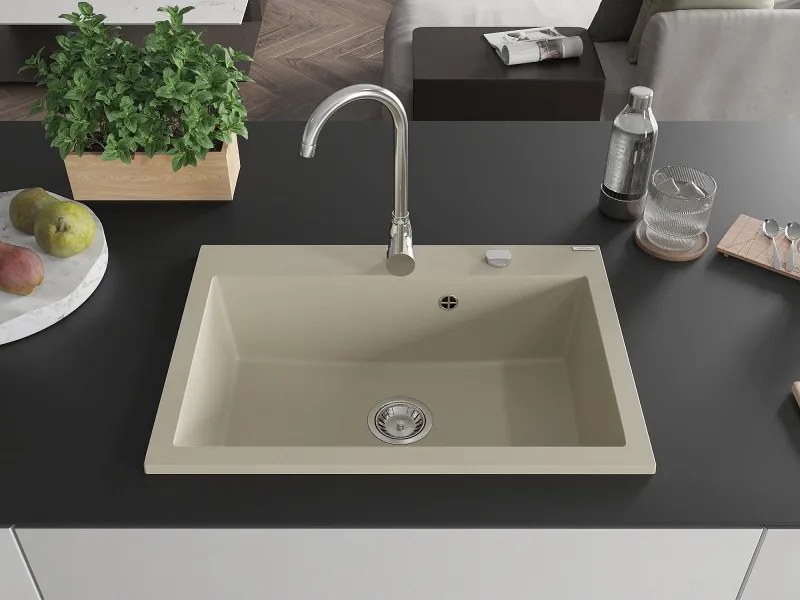 Mexen Elix granieten gootsteen 1-kamerig 700 x 500 mm, beige, chromen sifon - 6526701005-69