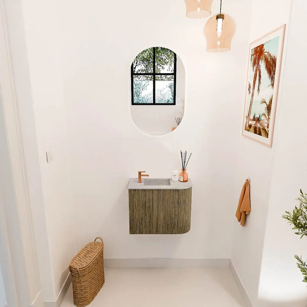 Mondiaz Joya DLux 50cm toiletmeubel ronding rechts dusk met wastafel faye links 1 kraangat glace