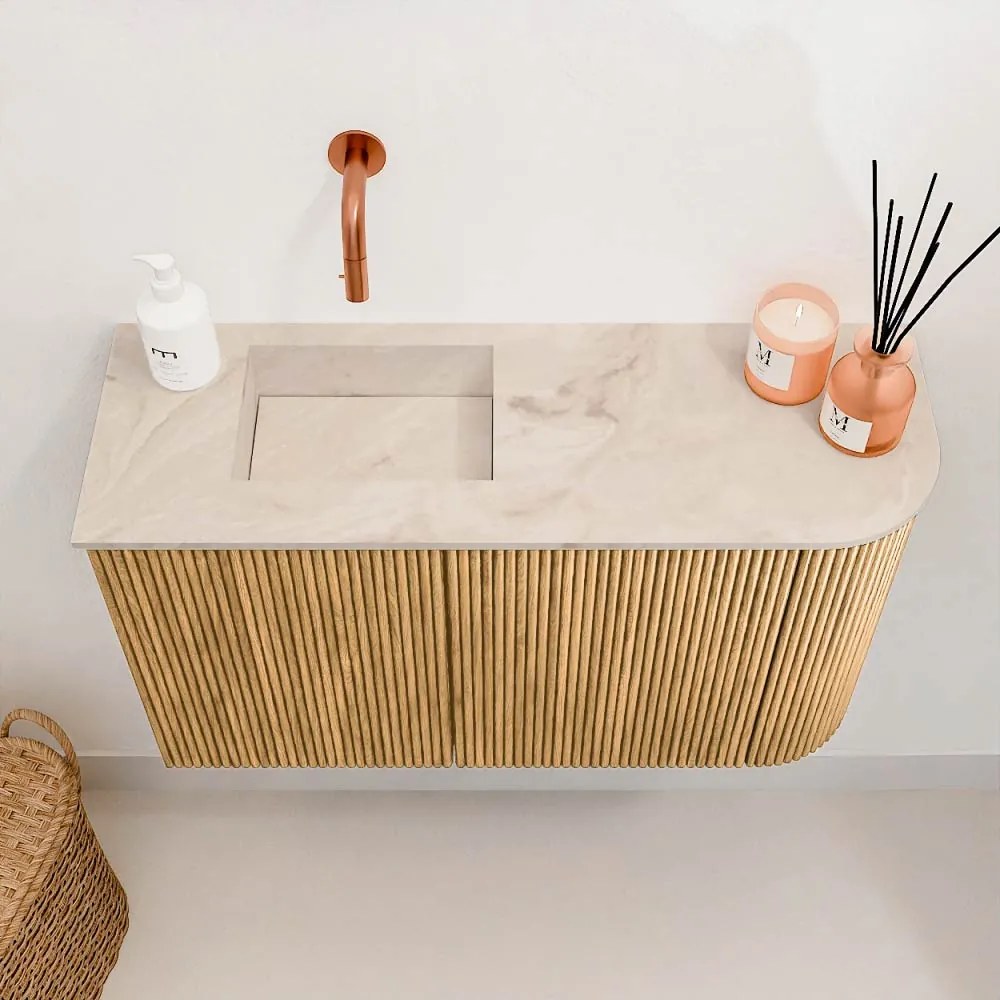 Mondiaz Joya DLux 70cm toiletmeubel ronding rechts oak met wastafel faye links zonder kraangat frappe