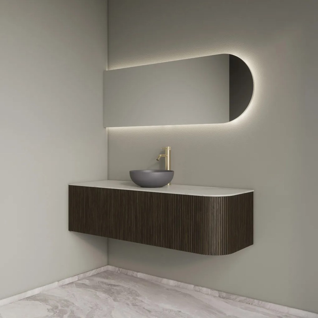 Gliss Design Alluro badmeubel ribbelfront met ronding rechts 140cm charcoal en wit marmer toppaneel