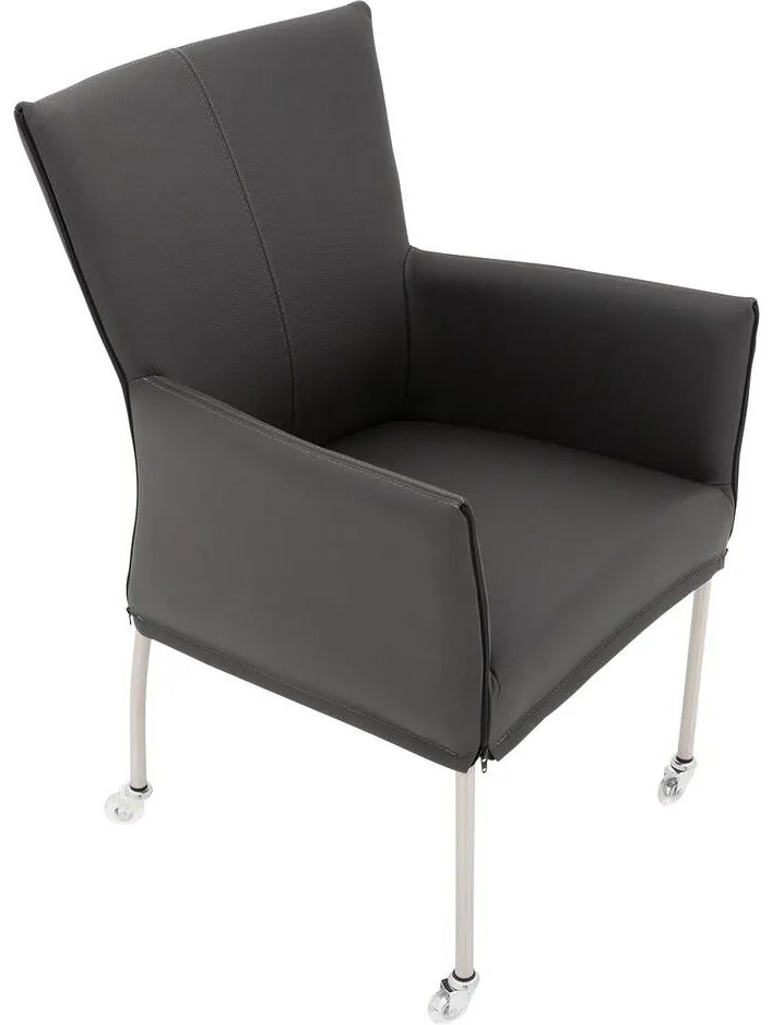 Goossens Eetkamerstoel Funk RVS Poten donkergrijs leer met armleuning en Transparant skater wiel met rvs kapmet wielen, modern design