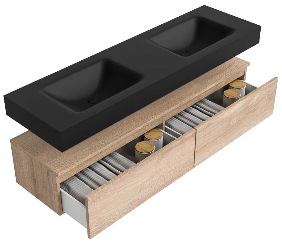 Zaro Alan badmeubel 160cm washed oak 2 lades met vrijhangende wastafel cloud dubbel 2 kraangaten urban