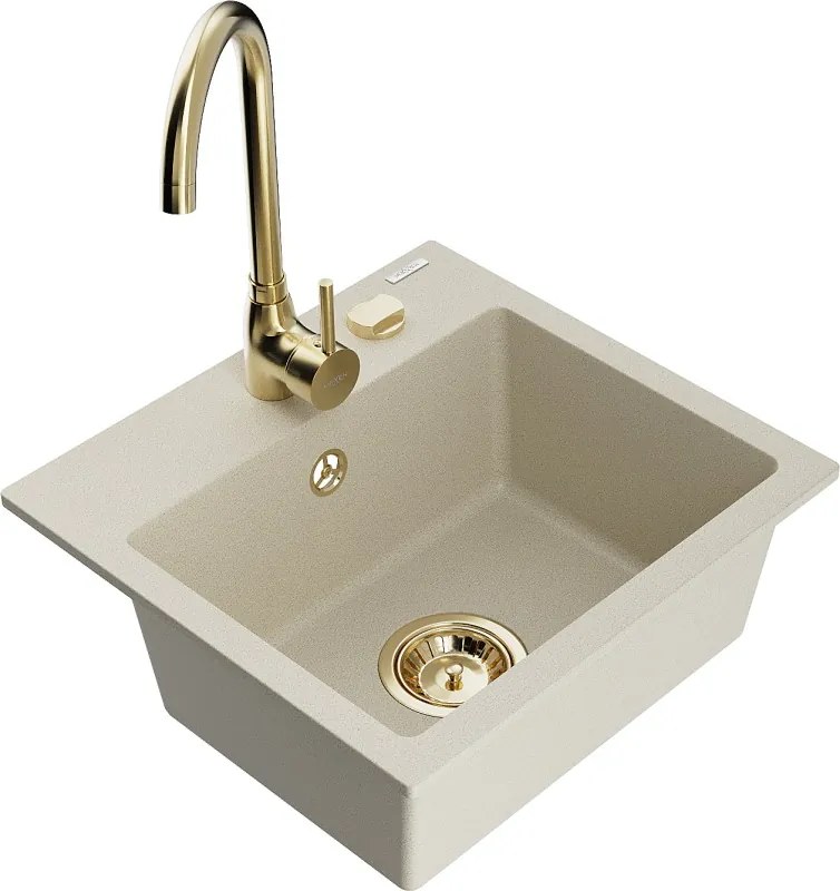 Mexen Milo granit gootsteen 1-komor met keukenkraan Telma, beige - 6505-69-670200-50