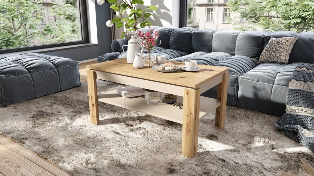 ASTI-P eiken artisan / beige - moderne salontafel met hefblad
